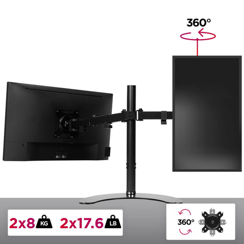 Duronic Dual Monitor Stand with Dual monitor desk stand holding two screens, one landscape and one portrait, 8kg weight capacity.