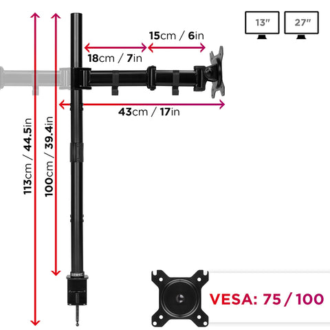 Duronic Dual Monitor Stand with adjustable arm, extra-tall pole, and VESA compatible plate dimensions included.