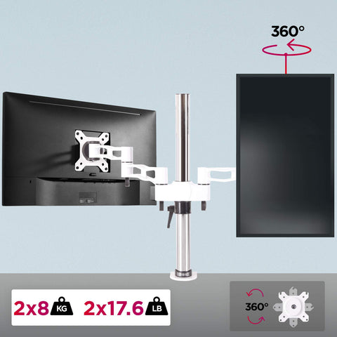 Duronic Dual Monitor Stand with adjustable arms, 360-degree rotation, and 8kg weight capacity per screen.