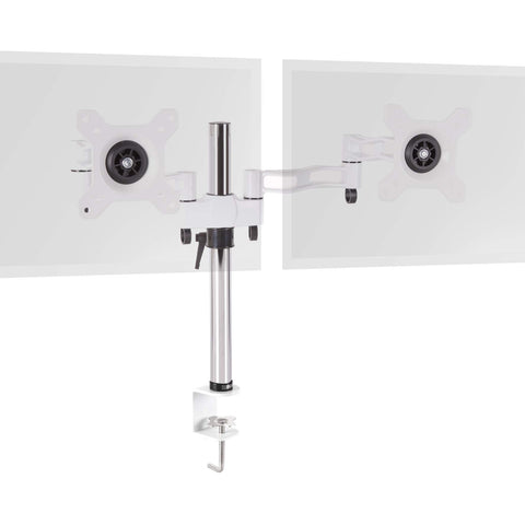 Duronic Dual Monitor Stand with adjustable arms, C-clamp base, and VESA plates on chrome pole.