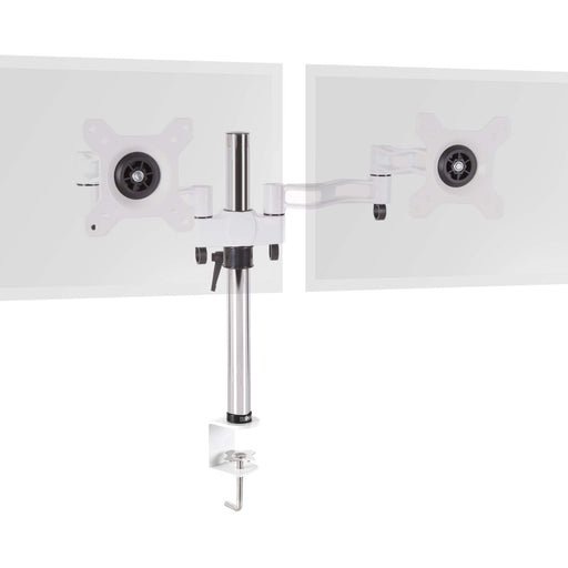 Duronic Dual Monitor Stand with adjustable arms, C-clamp base, and VESA plates on chrome pole.