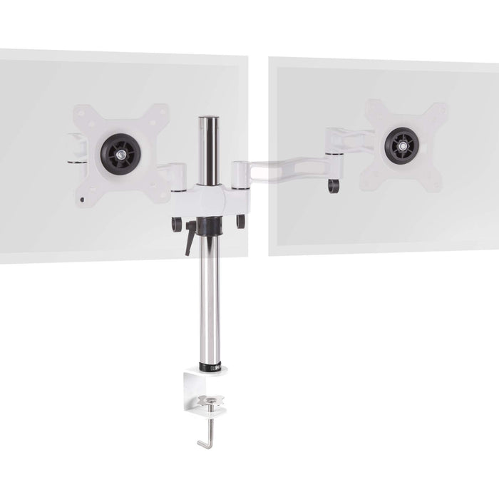 Duronic Dual Monitor Stand with adjustable arms, C-clamp base, and VESA plates on chrome pole.