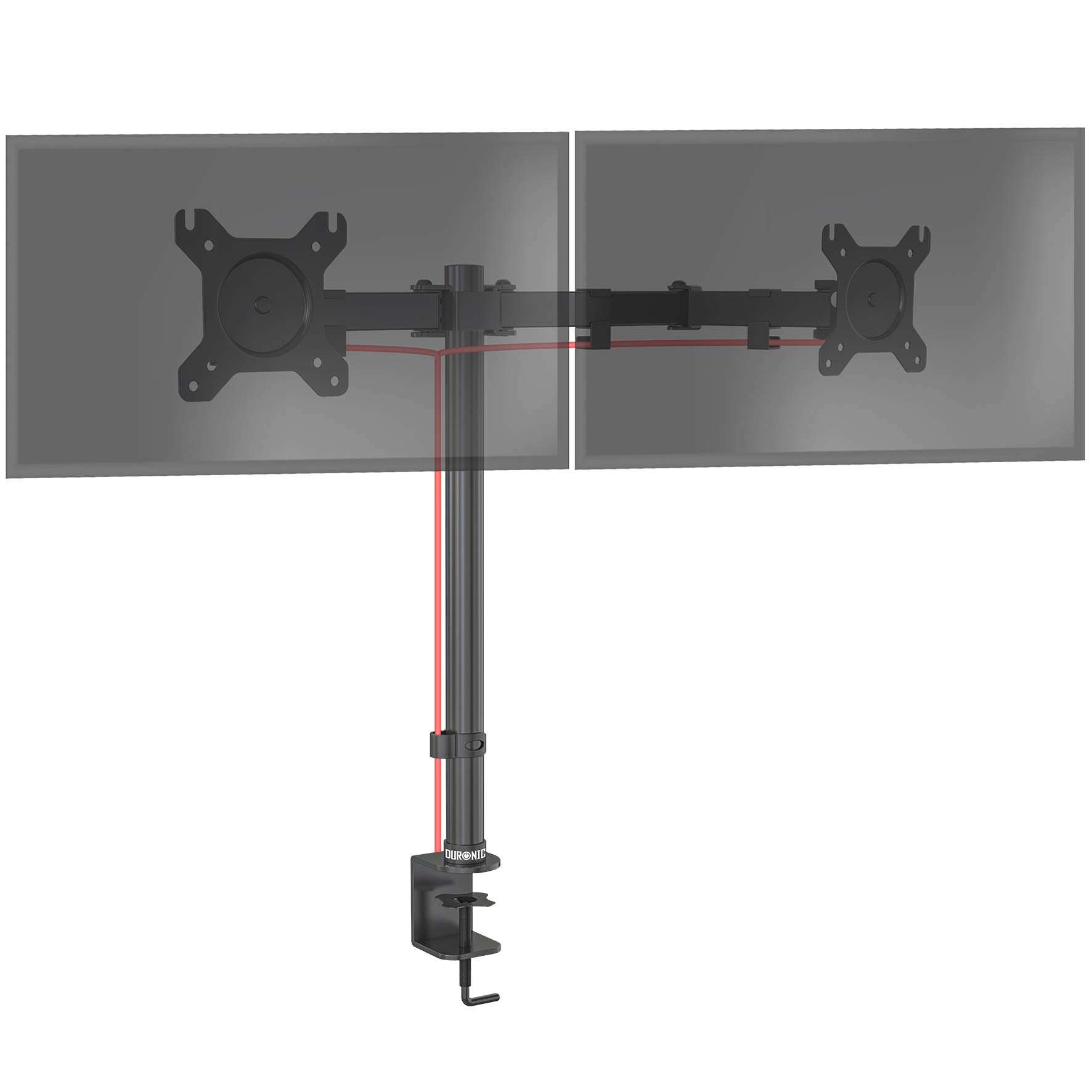 Duronic Dual Monitor Stand with adjustable arms, VESA plates, and a sturdy black C-clamp.