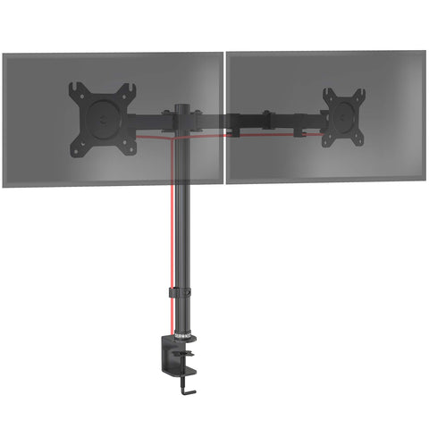 Duronic Dual Monitor Stand with adjustable arms, VESA plates, and a sturdy black C-clamp.