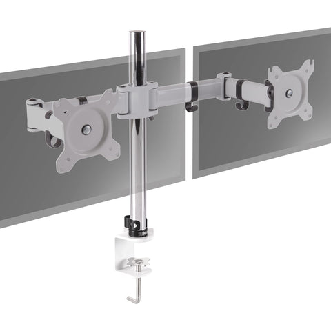 Duronic Dual Monitor Stand with adjustable arms and C-clamp base for ergonomic workspace setup.