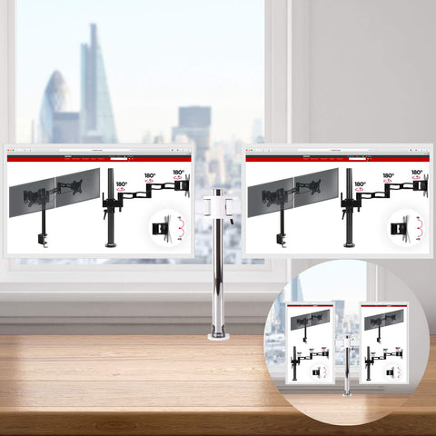 Duronic Dual Monitor Stand with adjustable arms and swivel joints clamped to a wooden office desk.