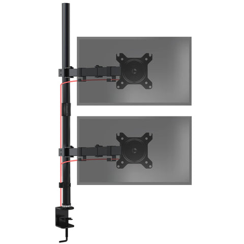 Duronic Dual Monitor Stand with adjustable arms, black pole, desk clamp, and integrated cable management.