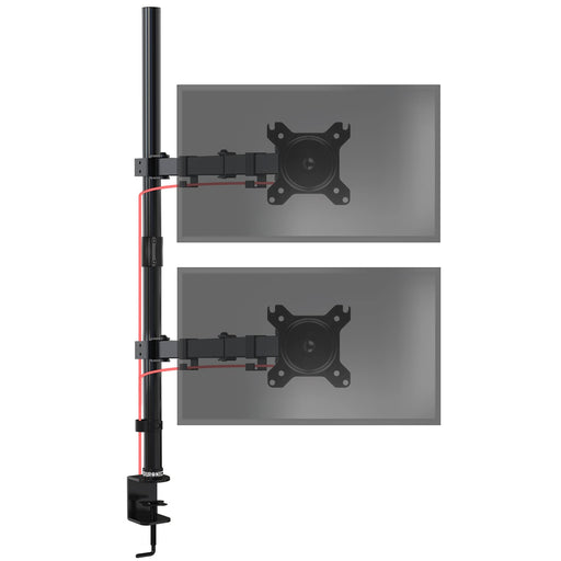 Duronic Dual Monitor Stand with adjustable arms, black pole, desk clamp, and integrated cable management.