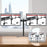Duronic Dual Monitor Stand  with adjustable arms showing horizontal and vertical screen orientations on wooden desk.