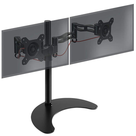 Duronic Dual Monitor Stand with adjustable articulating arms, VESA plates, and a crescent-shaped base.