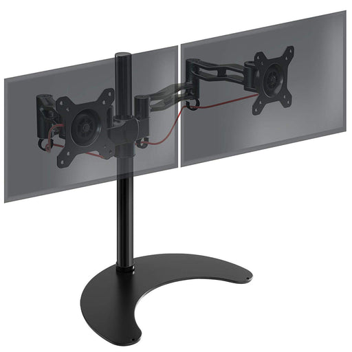 Duronic Dual Monitor Stand with adjustable articulating arms, VESA plates, and a crescent-shaped base.