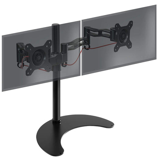 Duronic Dual Monitor Stand with adjustable articulating arms, VESA plates, and a crescent-shaped base.