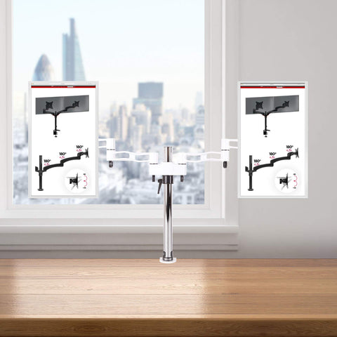Duronic Dual Monitor Stand with adjustable articulating arms clamped to a wooden office table.