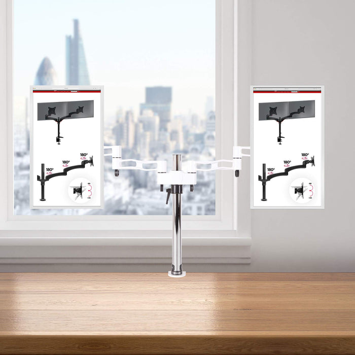 Duronic Dual Monitor Stand with adjustable articulating arms clamped to a wooden office table.