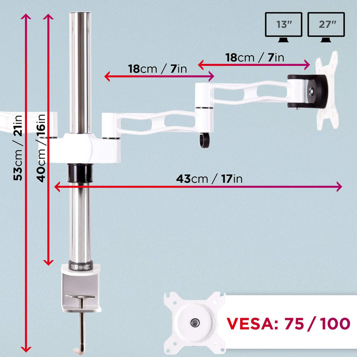 Duronic Dual Monitor Stand with dimensions, 13-27 inch screen support, and VESA 75/100 mounting plate.
