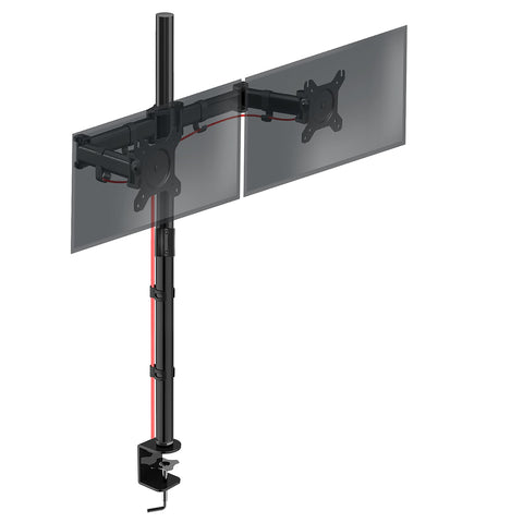 Duronic Dual Monitor Stand with heavy-duty C-clamp, cable management clips, and full-motion articulating arms.