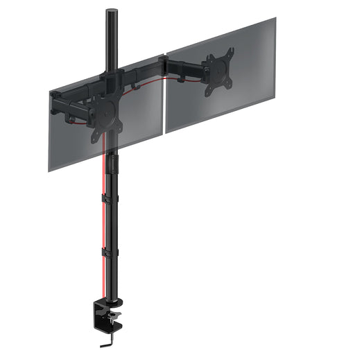 Duronic Dual Monitor Stand with heavy-duty C-clamp, cable management clips, and full-motion articulating arms.