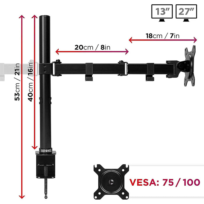 Duronic Dual Monitor Stand with measurements, VESA 75/100 compatibility, and 13" to 27" screen capacity.