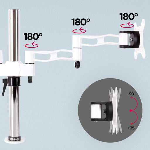 Duronic Dual Monitor Stand with three 180-degree swivel joints and vertical tilt VESA mount.