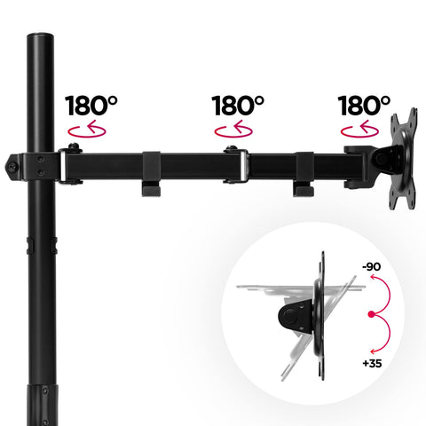 Duronic Dual Monitor Stand with triple 180-degree swivel joints and vertical tilt range illustration.