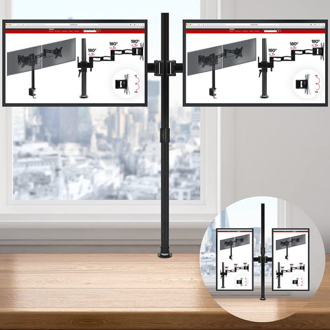 Duronic Dual Monitor Stand with two screens showing technical diagrams on a wooden office desk.