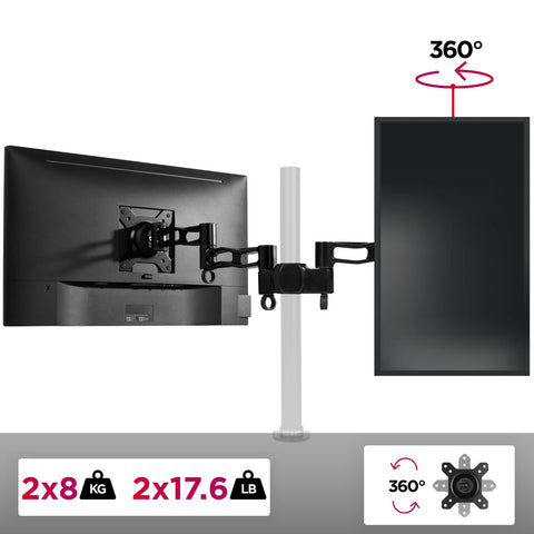 Duronic Dual Spare Arm Set holding two screens, 8kg capacity per arm, with 360-degree rotation feature.