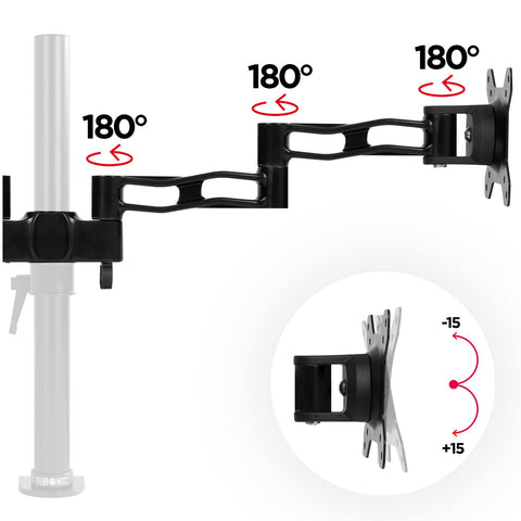 Duronic Dual Spare Arm Set showing 180-degree swivel points and a 15-degree tilt range.