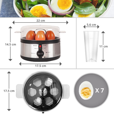 Duronic EB35 BK electric egg boiler dimensions including height, length, width with a capacity of 7 eggs