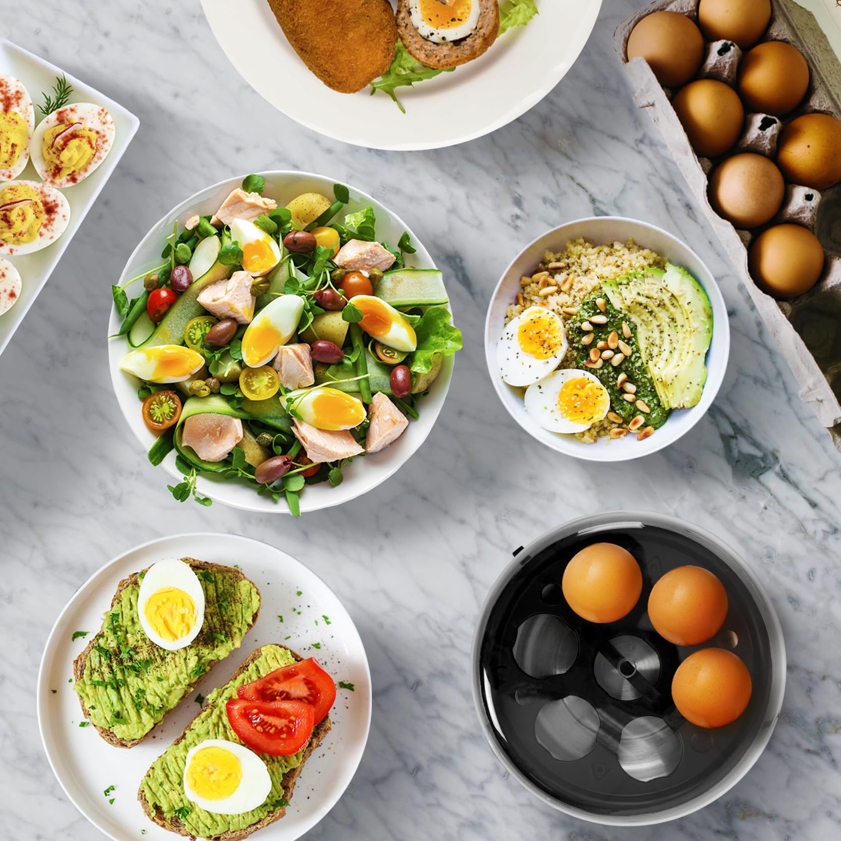 Duronic EB35 BK electric egg boiler surrounded by meals created using it, including egg salad, avocado egg toast, protein bowl