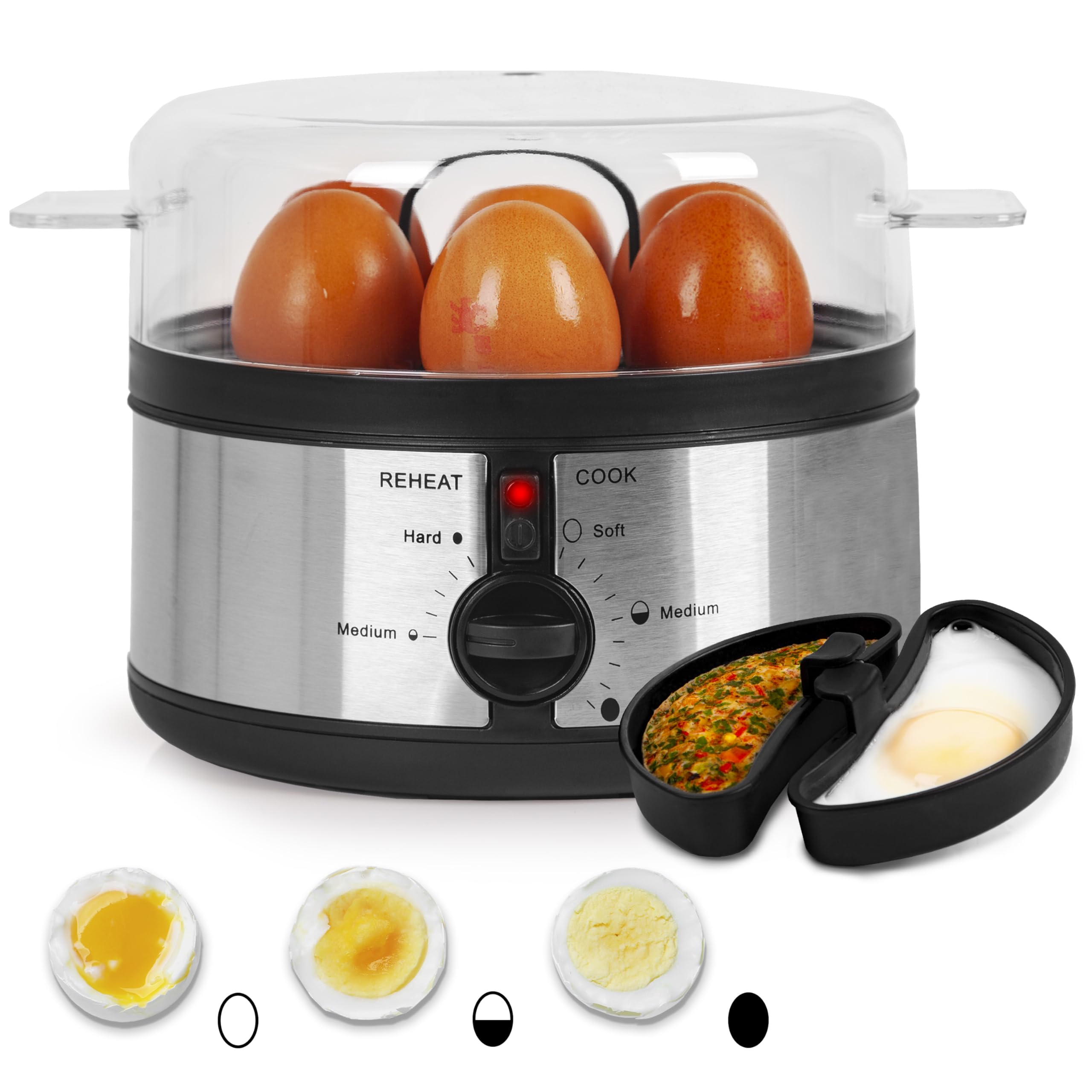 Duronic EB35 BK electric egg boiler to cook 7 eggs at once, whether its soft, medium or hard boiled eggs including omelette trays