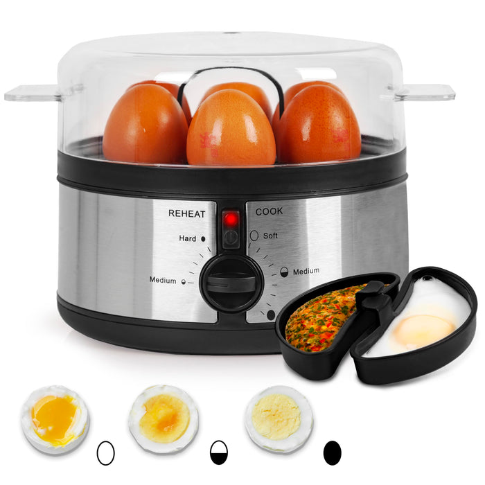 Duronic EB35 BK electric egg boiler to cook 7 eggs at once, whether its soft, medium or hard boiled eggs including omelette trays