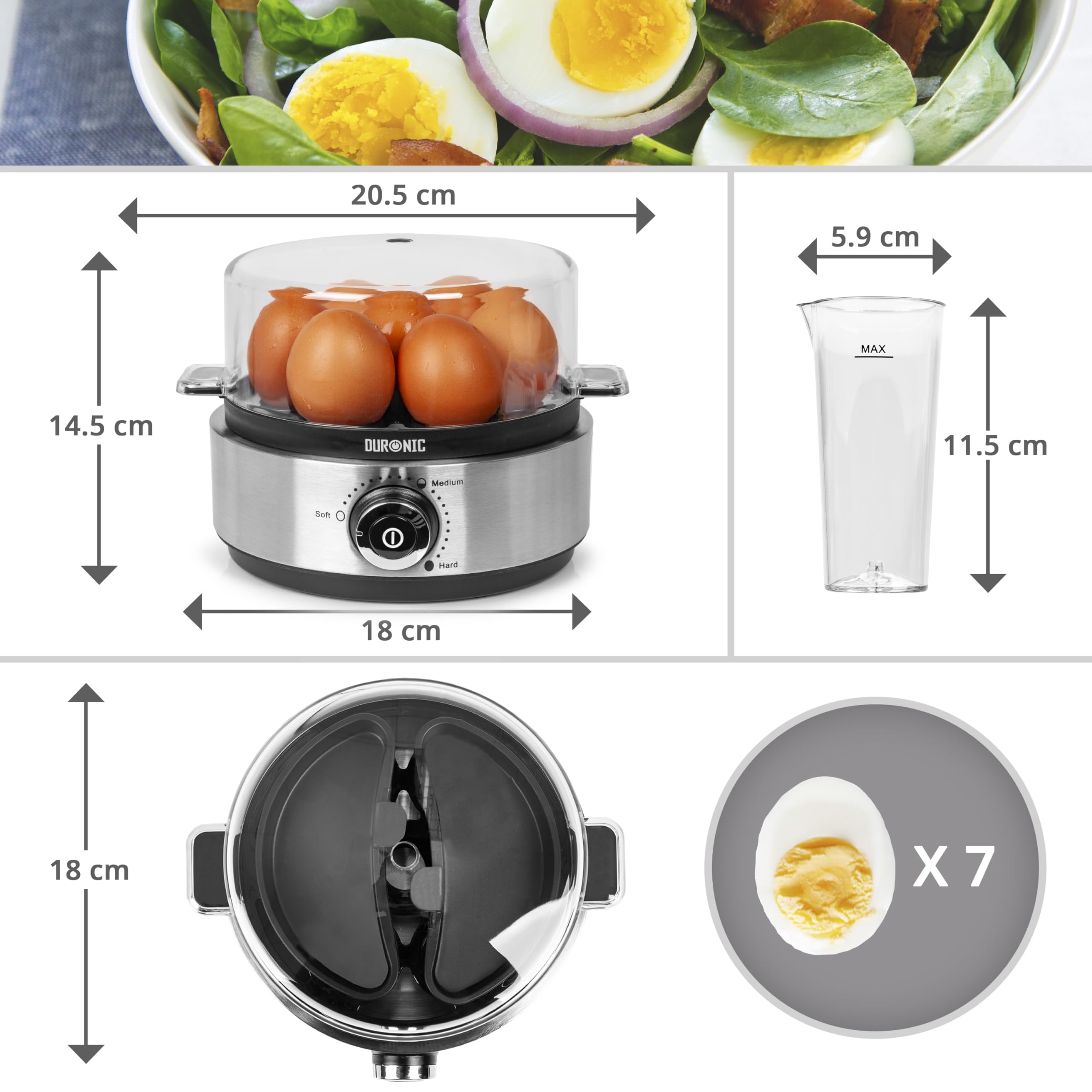 Duronic EB40 BK electric egg boiler dimensions and capacity to cook up to 7 eggs at once
