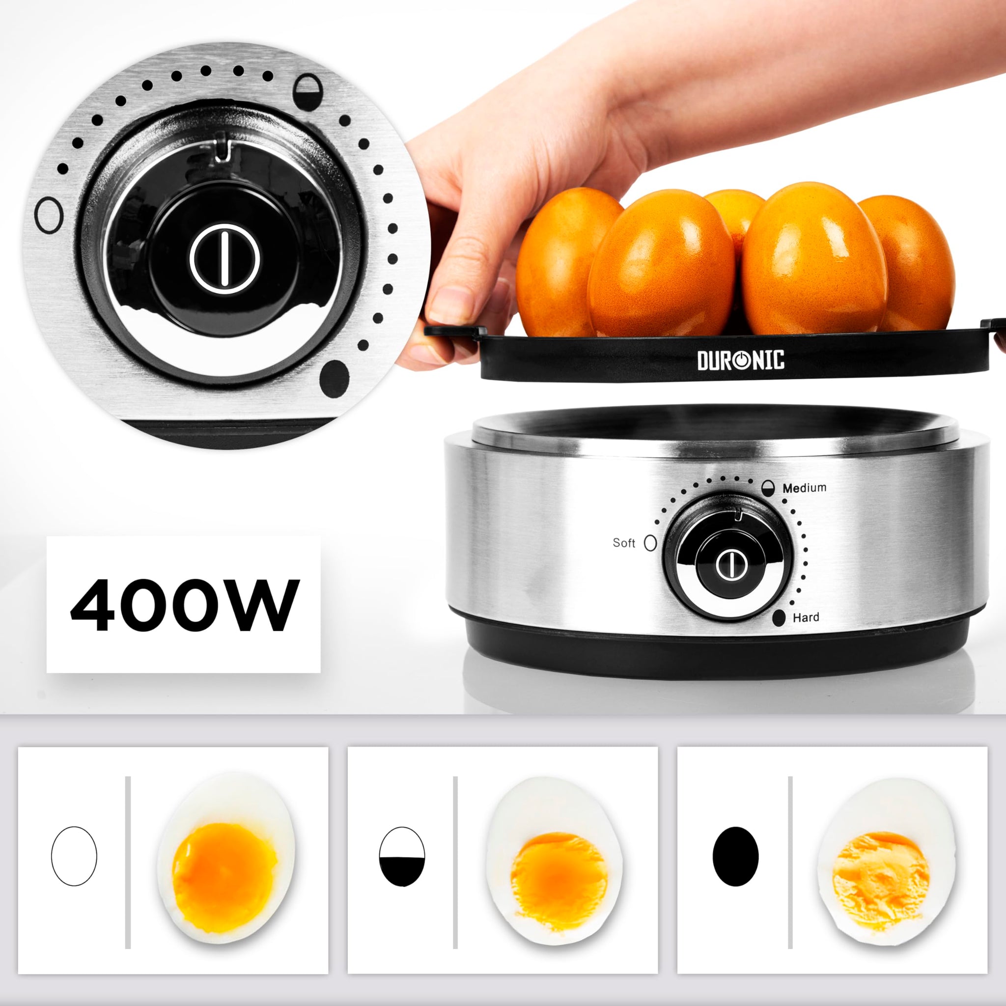 Duronic EB40 BK electric egg boiler with 400W wattage to cook 7 eggs - soft-boiled, medium-boiled, or hard-boiled