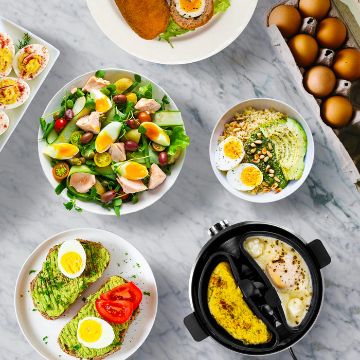 Duronic EB40 BK electric egg cooker surrounded by dishes made using it, such as egg salad, avocado egg on toast, protein bowl