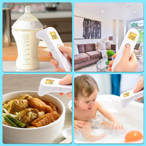 Duronic Ear and Forehead 3 in 1 Thermometer measuring temperatures of milk, a room, food, and bathwater.