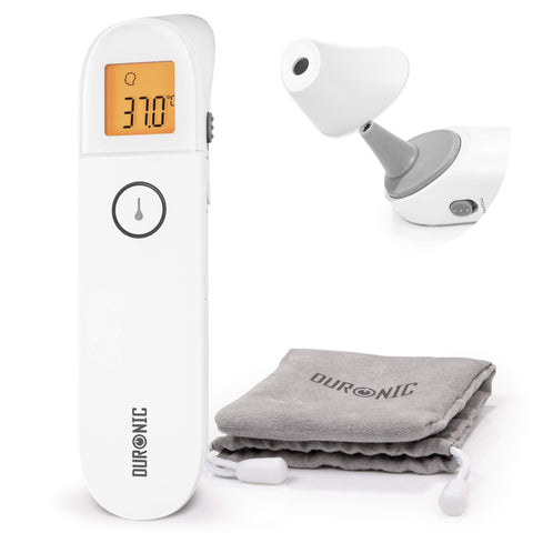 Duronic Ear and Forehead 3 in 1 Thermometer showing 37.0°C with its storage pouch and cap off.