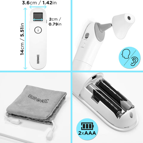 Duronic Ear and Forehead 3 in 1 Thermometer with storage pouch, dimensions, and AAA batteries.