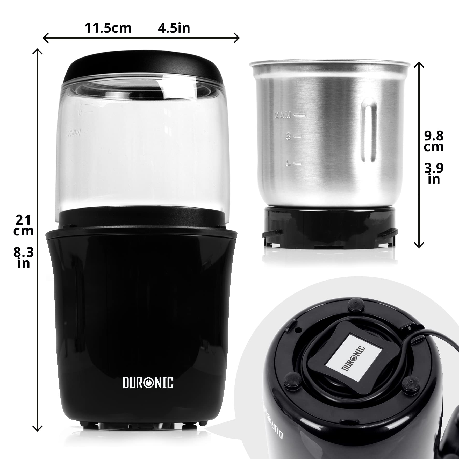 Duronic Electric Coffee Grinder showing dimensions, removable stainless steel bowl, and cord storage underneath.