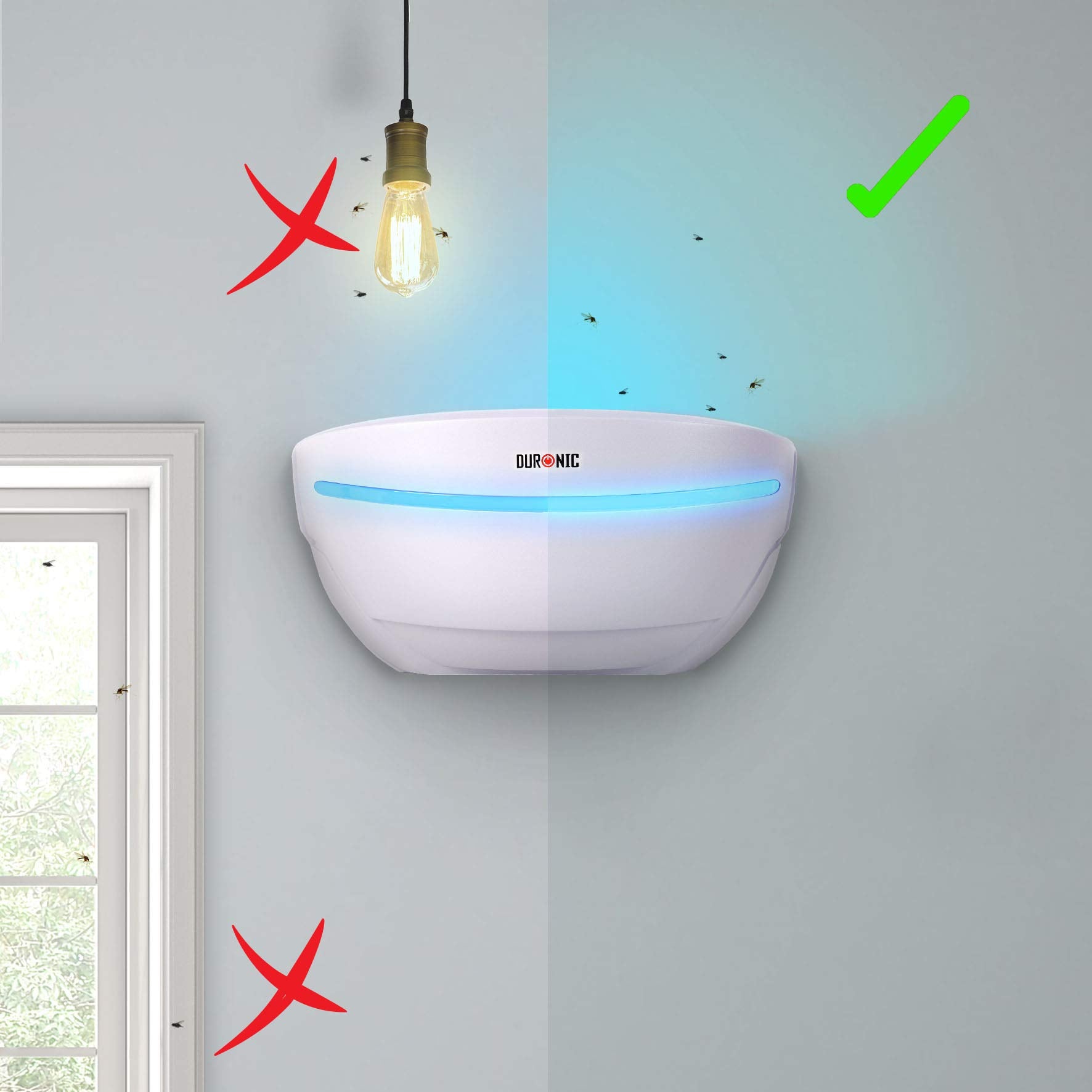 Duronic Electric Fly Catcher Sconce showing effective insect attraction in dark areas versus bright light sources.