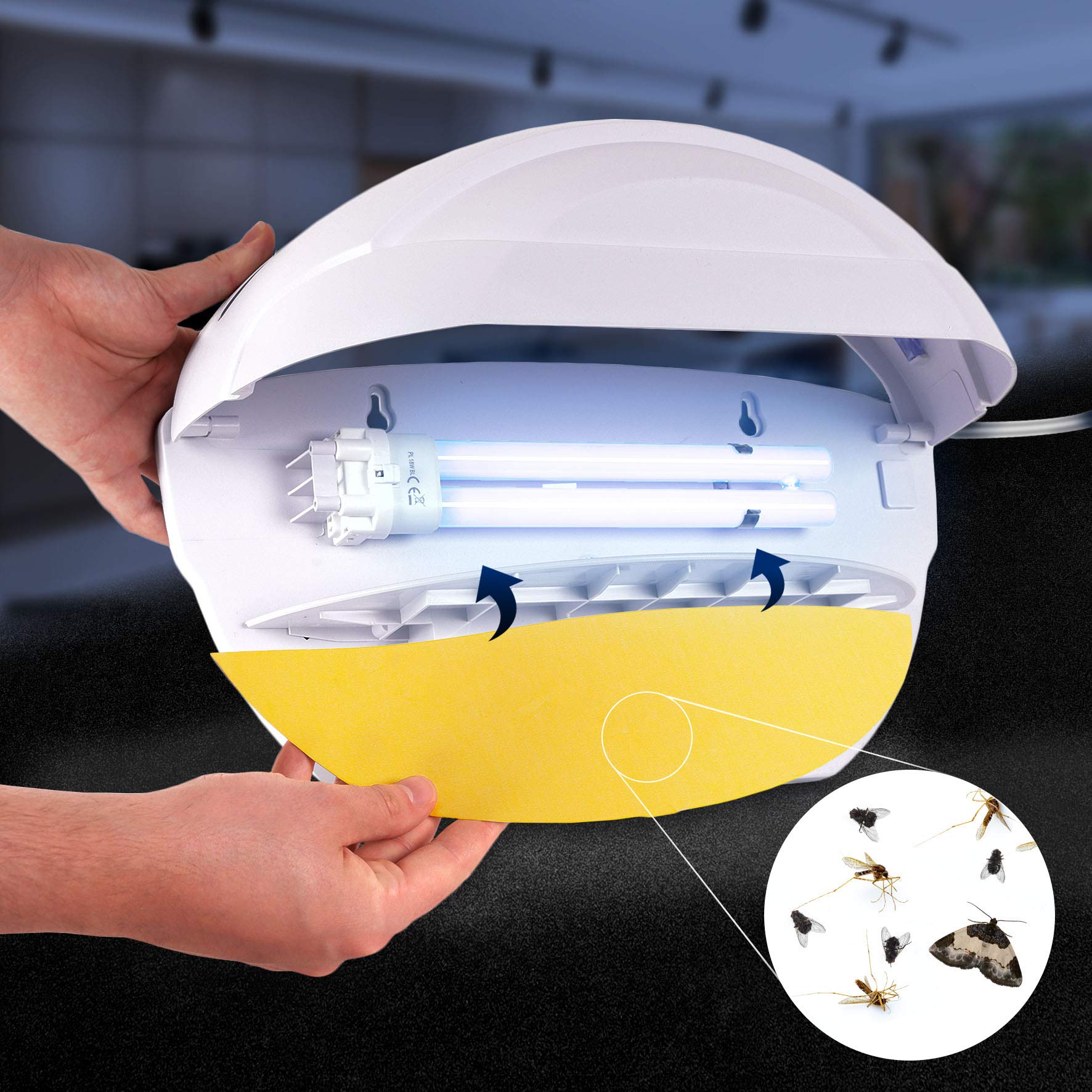 Duronic Electric Fly Catcher Sconce with blue light bulb and yellow sticky glue board for insect control.