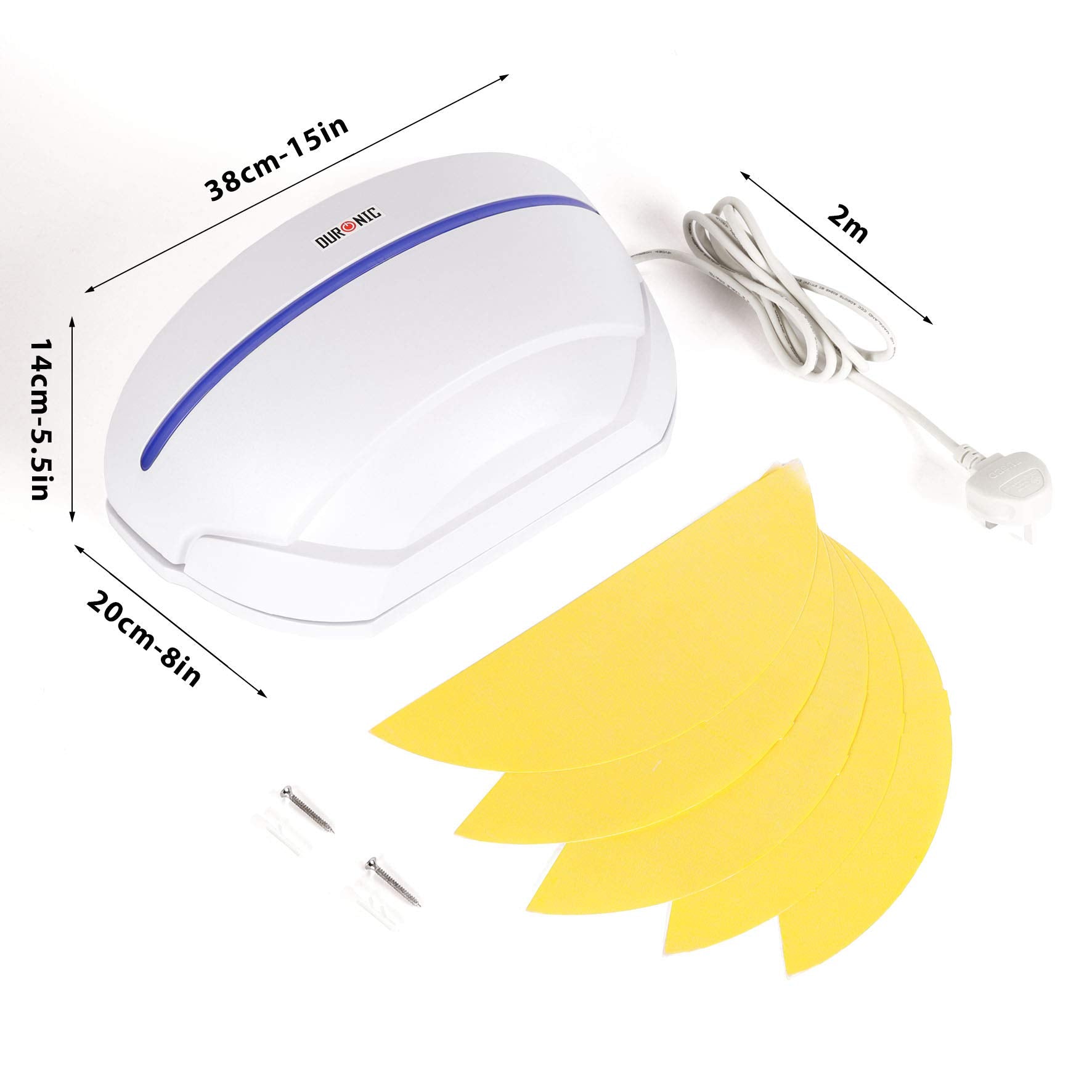 Duronic Electric Fly Catcher Sconce with dimensions, 2m power cord, mounting screws, and four yellow glueboards.