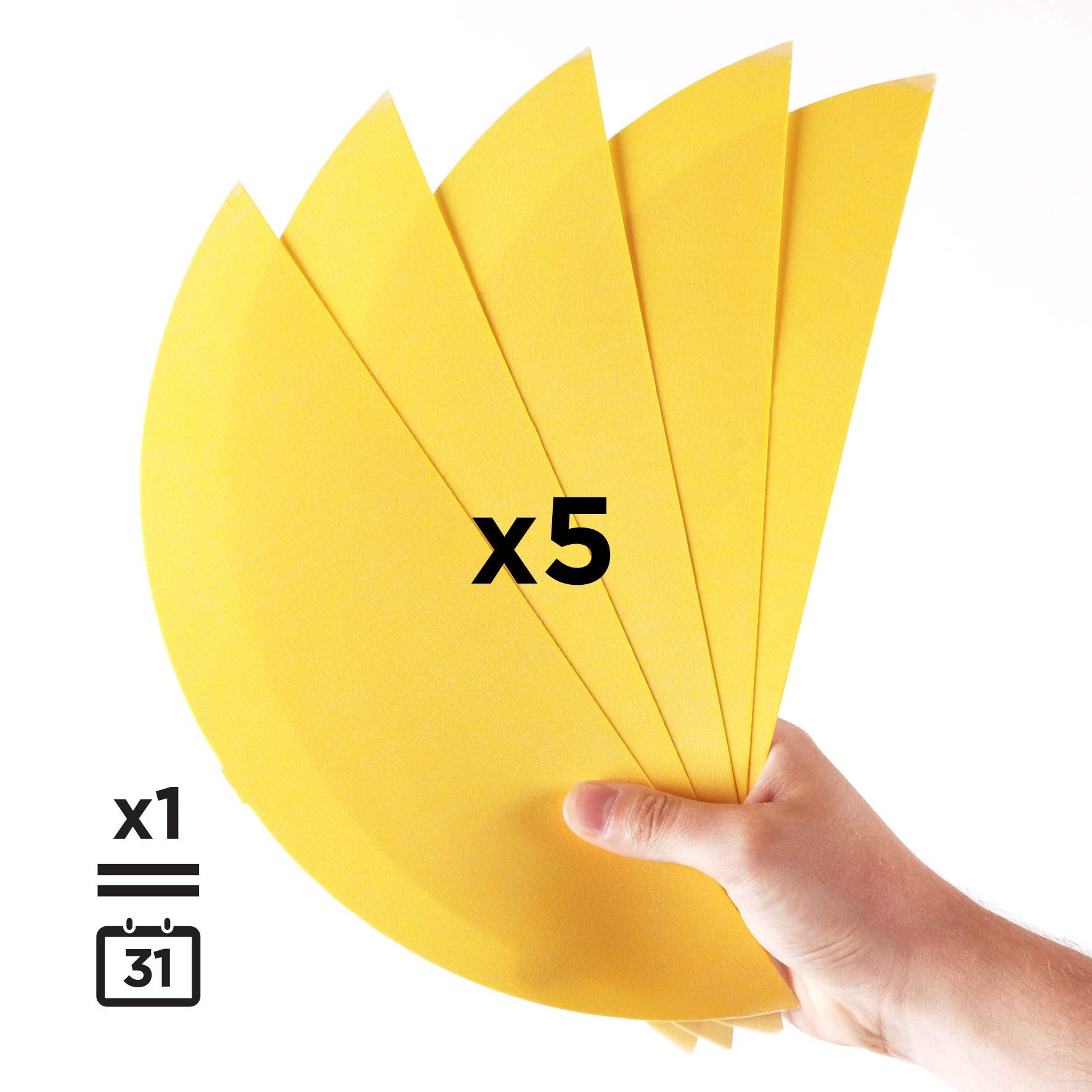 Duronic Electric Fly Catcher Sconce with five yellow curved sandpaper sheets fanned out, with a 31-day durability icon.