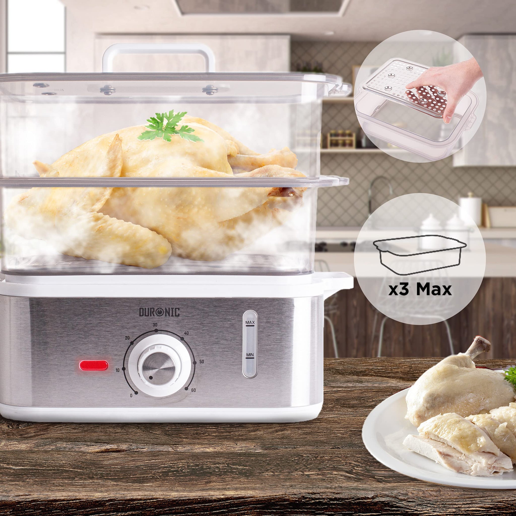 Duronic Electric Food Steamer filled with an insert image showing removable trays.