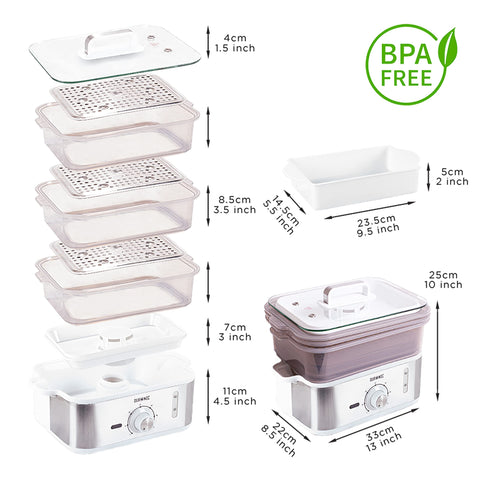 Duronic Electric Food Steamer filled with detailed product dimensions and BPA-free logo.