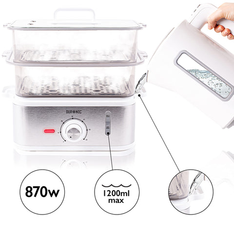 Duronic Electric Food Steamer filled with two tiers, 870W power, and 1200ml max water inlet capacity.
