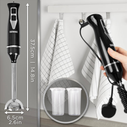 Duronic Electric Hand Blender measuring 37.5cm tall is shown next to its wall-hanging feature and two included measuring beakers.