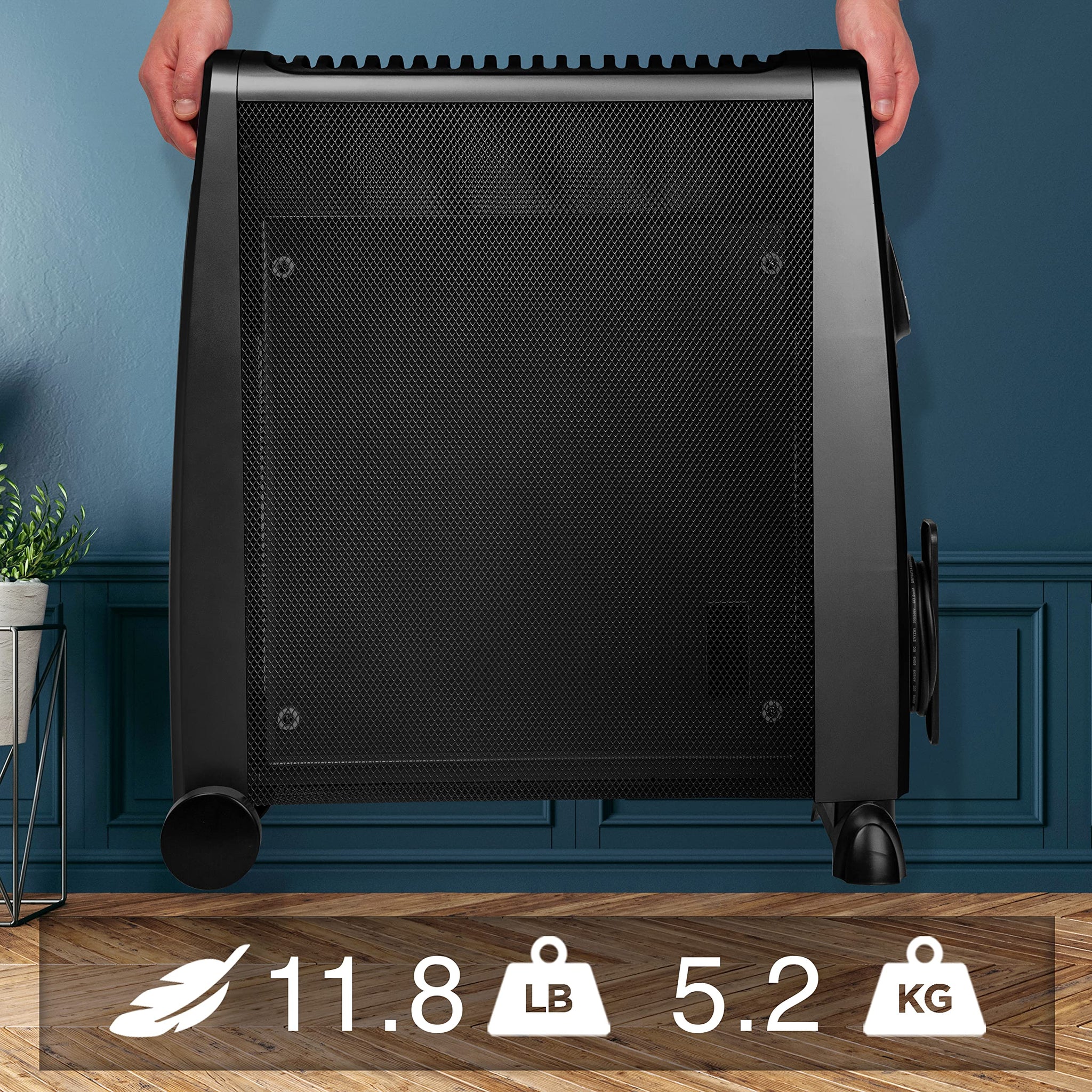Duronic Electric Heater being lifted by handles, weighing 11.8 lbs or 5.2 kg.