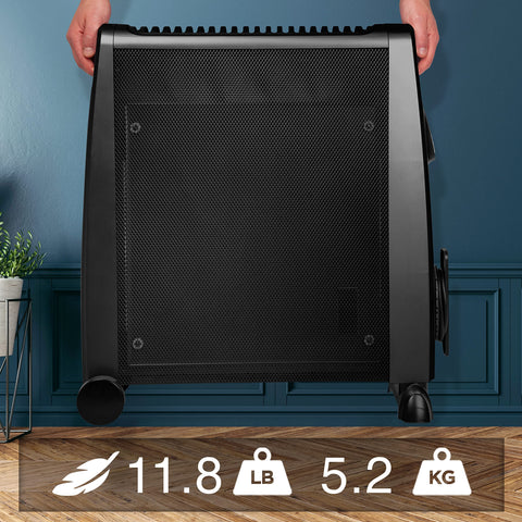 Duronic Electric Heater being lifted by handles, weighing 11.8 lbs or 5.2 kg.