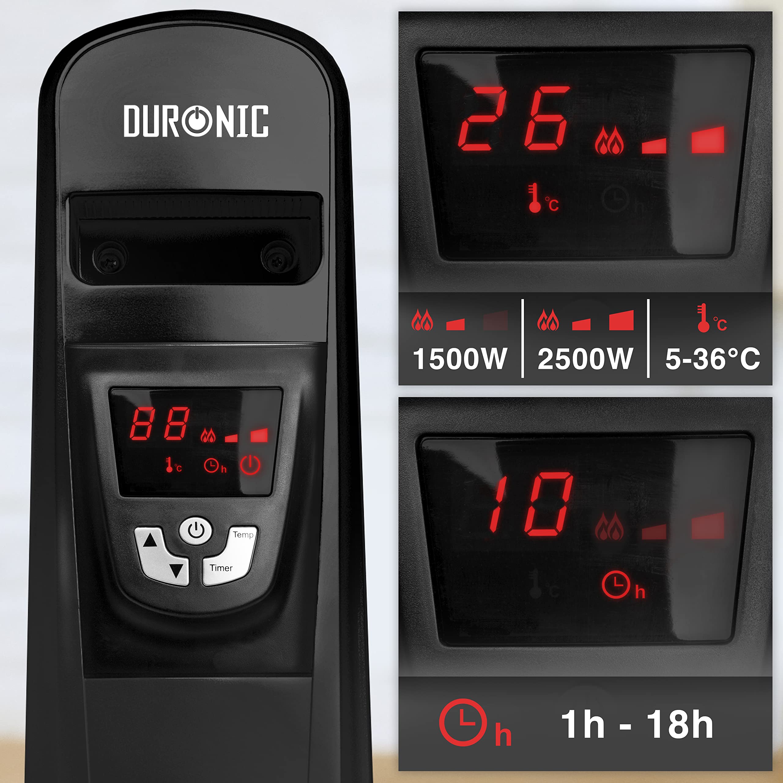 Duronic Electric Heater showing LED displays for temperature, timer, and adjustable power settings.