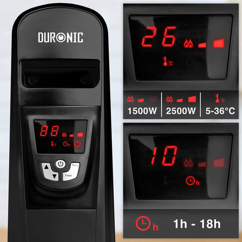 Duronic Electric Heater showing LED displays for temperature, timer, and adjustable power settings.